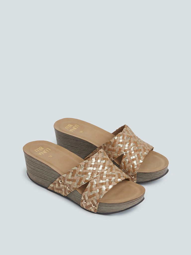 LUNA BLU Tan Criss-Cross Strap Wedge Heel Sandals